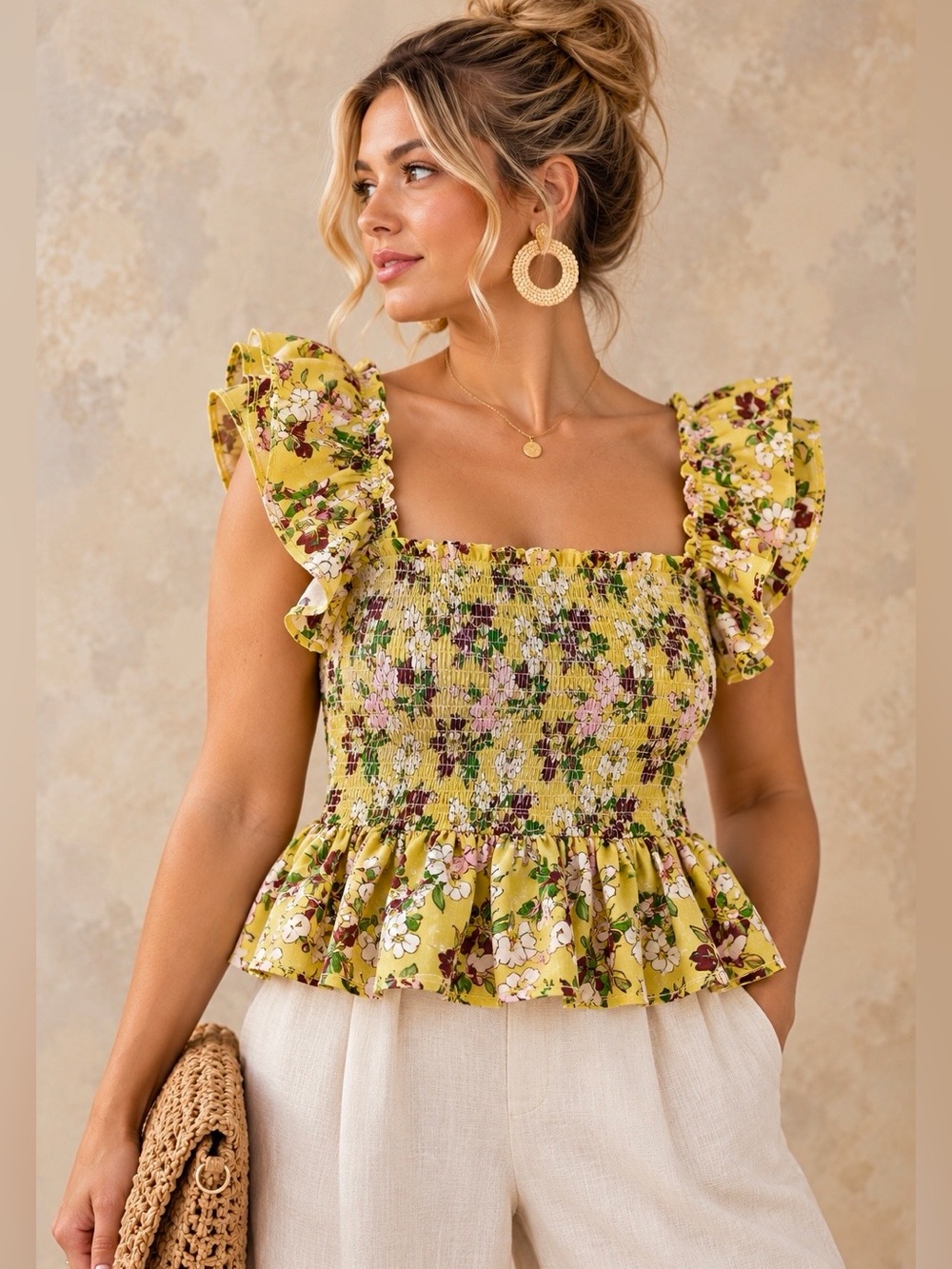 Jennifer Grace XL Yellow Floral Smocked Peplum Top Flutter Sleeve Boho